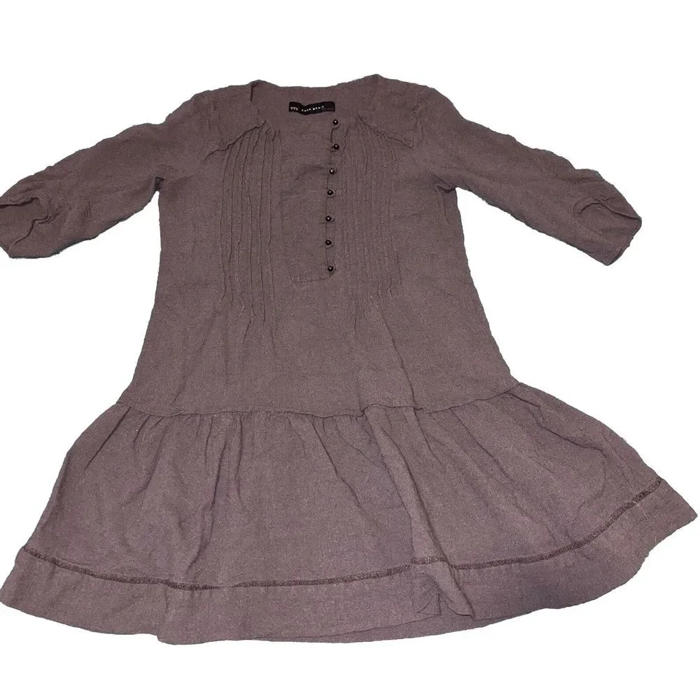 Zara Drop Waist Mini Dress Pleated Henley Top Small Brown‎ Gauze Neutral Minimal